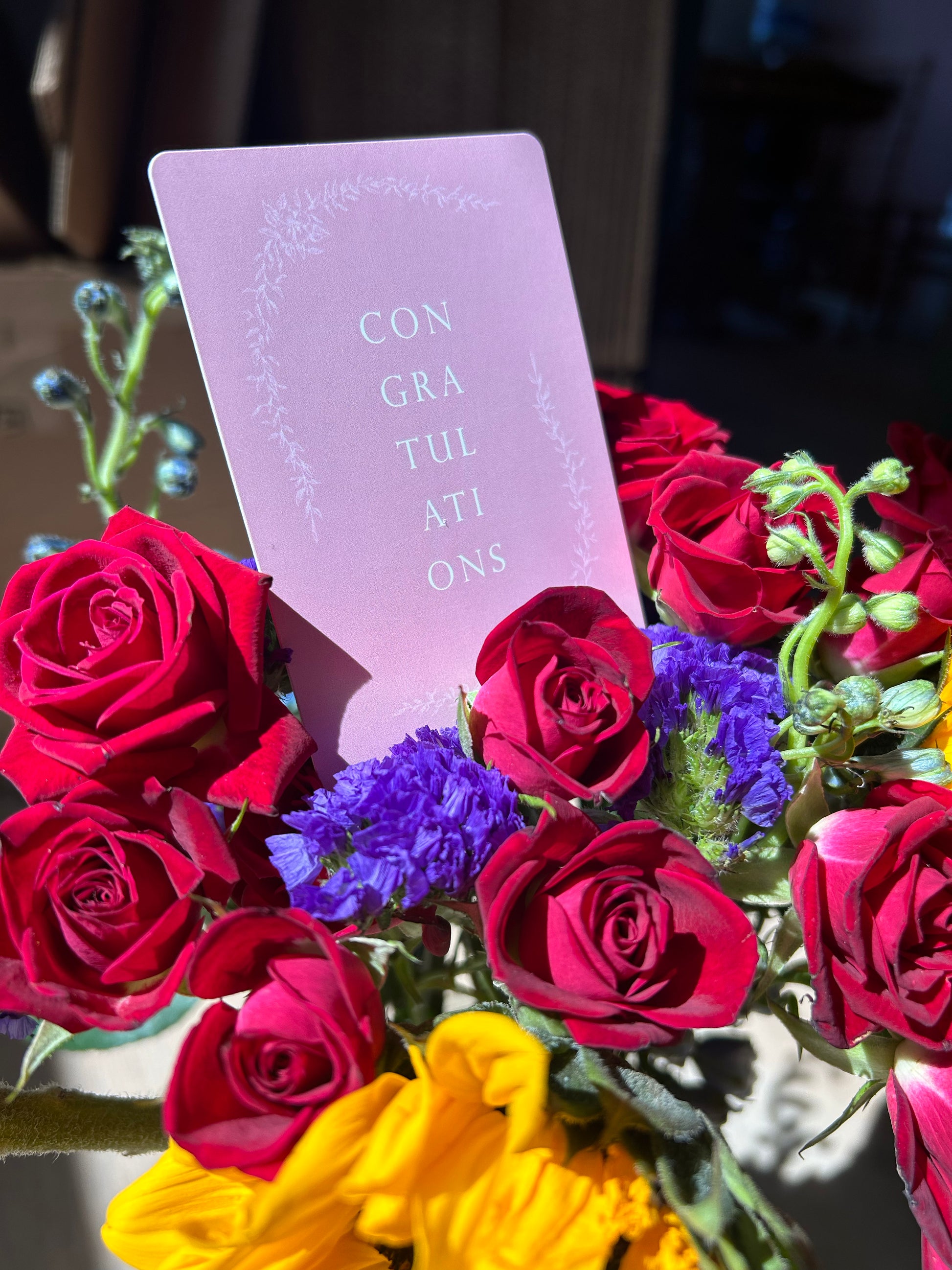 Pink floral minicard that reads "Congratulations " from Rust Belt Love