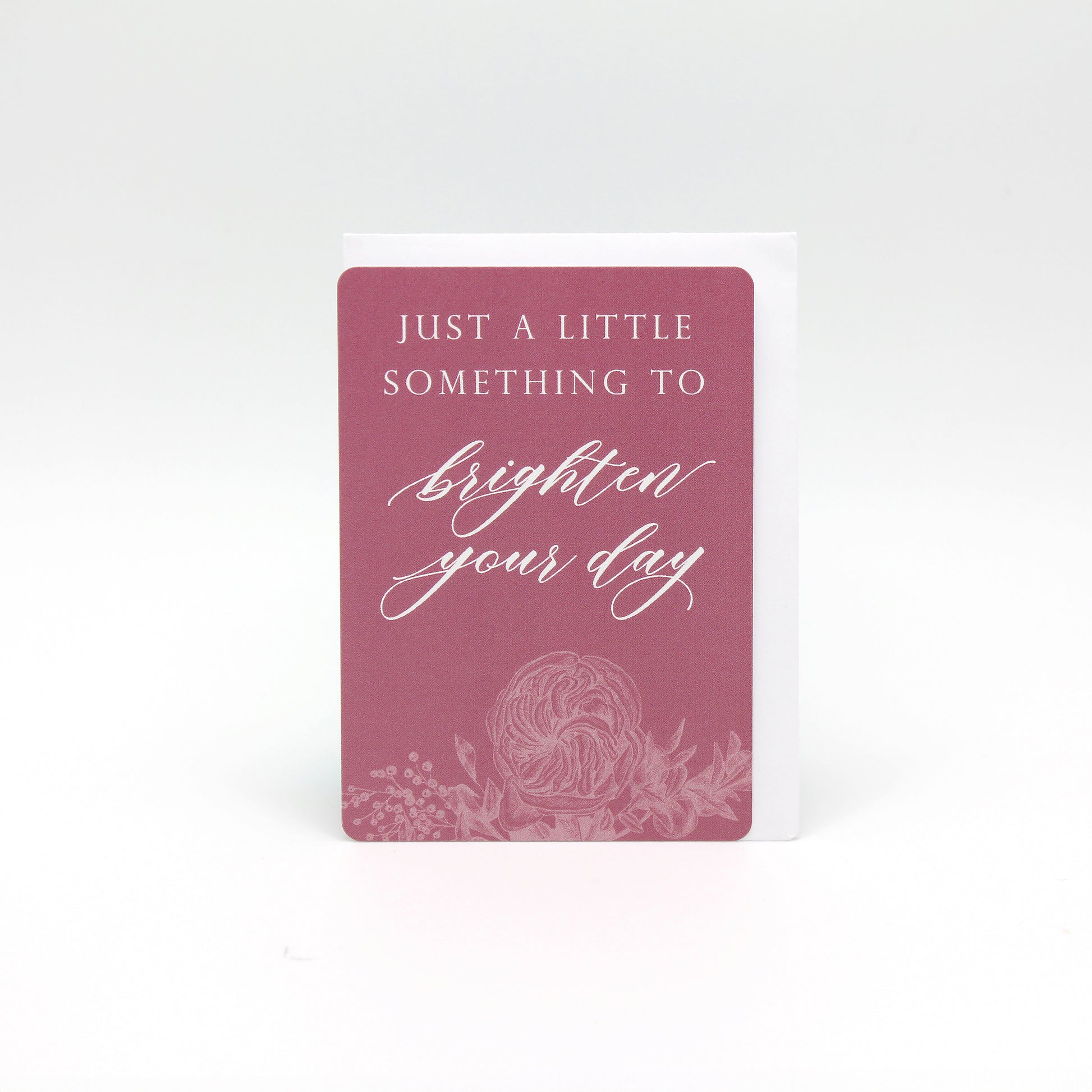 Digital pink floral minicard from Rust Belt Love that reads "Just a little something to brighten your day"