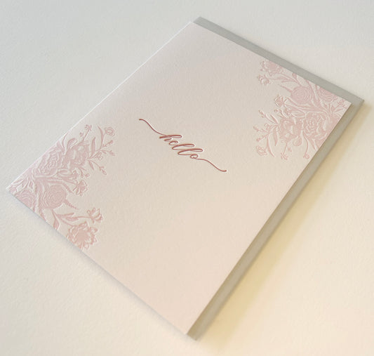 Letterpress friendship card with florals that says "Hello" by Rust Belt Love