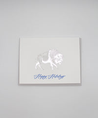 Silver foil buffalo holiday card that reads "happy holidays" by Rust Belt Love