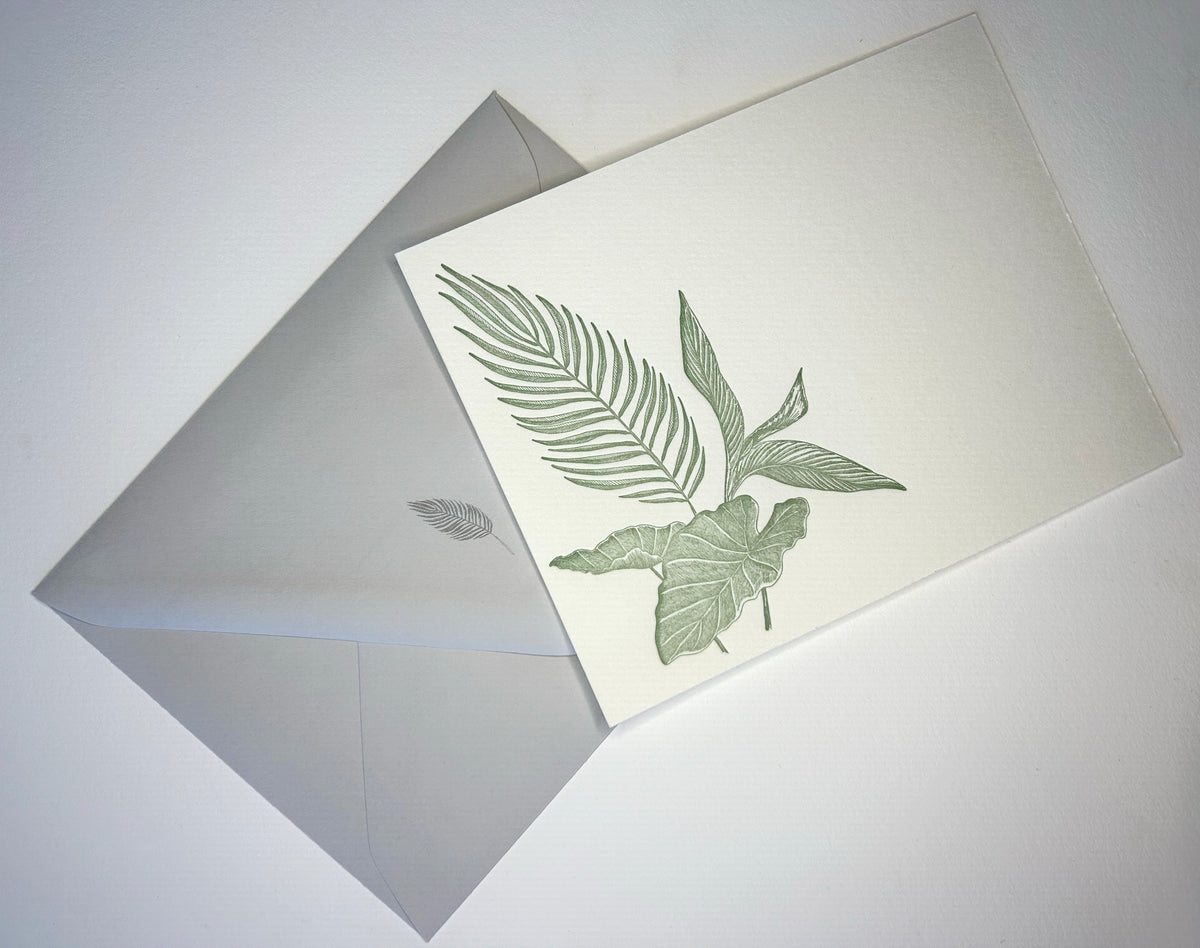 Letterpress tropical green leaf note card with matching grey envelope by Rust Belt Love