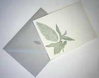 Letterpress tropical green leaf note card with matching grey envelope by Rust Belt Love