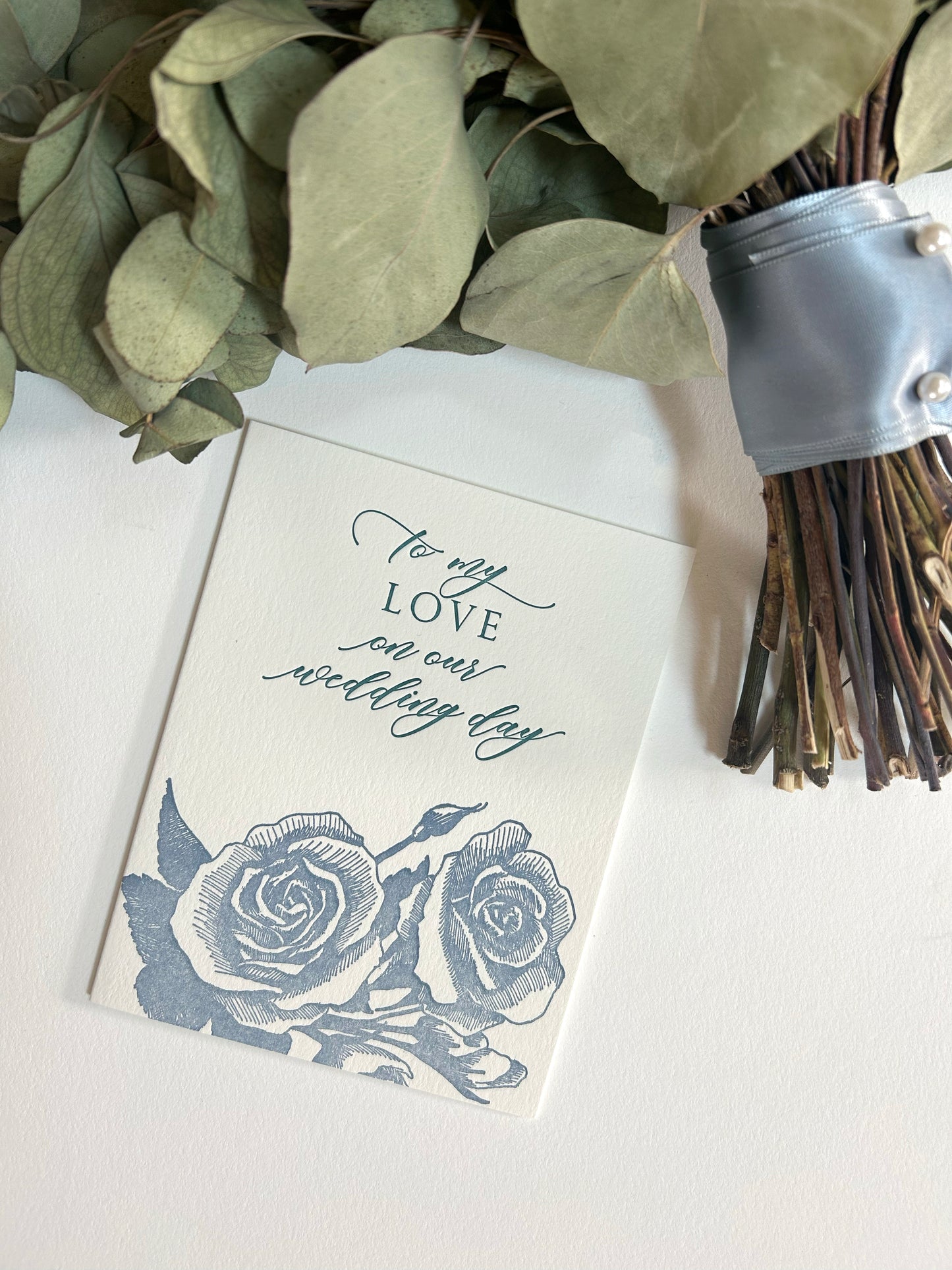 Letterpress wedding-day card with florals that says "To My Love" by Rust Belt Love