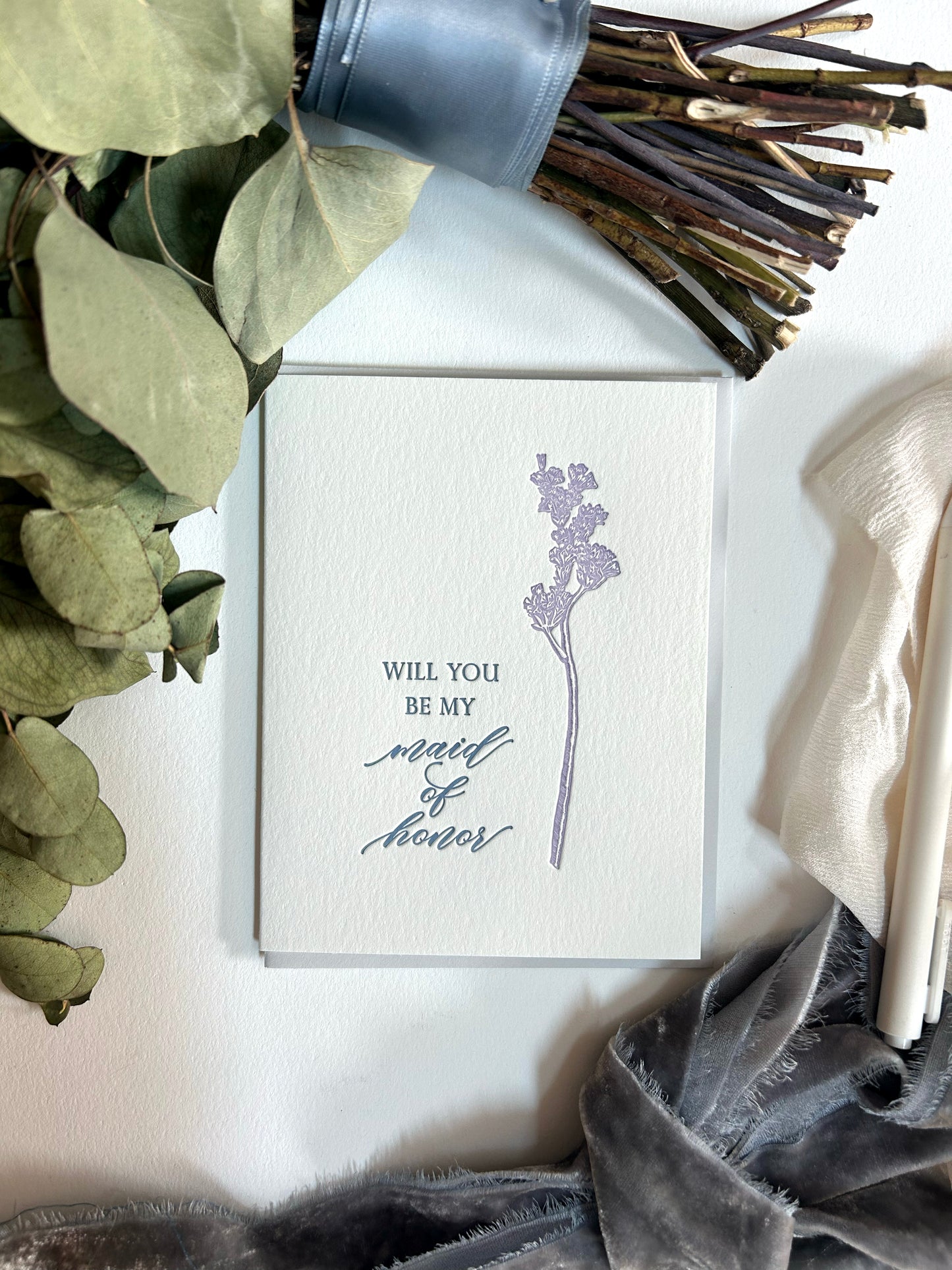 Letterpress maid of honor proposal card with florals by Rust Belt Love