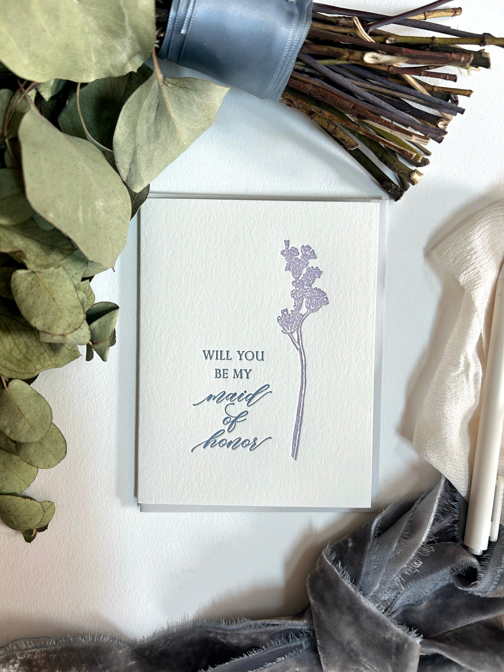Letterpress maid of honor proposal card with florals by Rust Belt Love