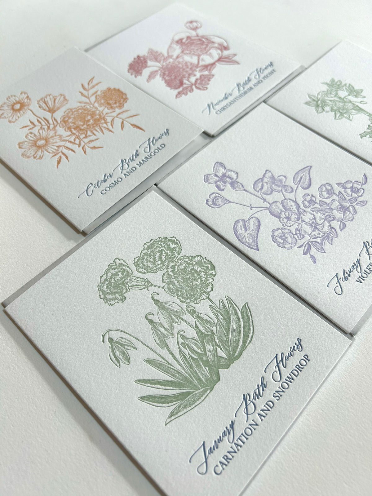 A variety of letterpress birth flower cards by Rust Belt Love