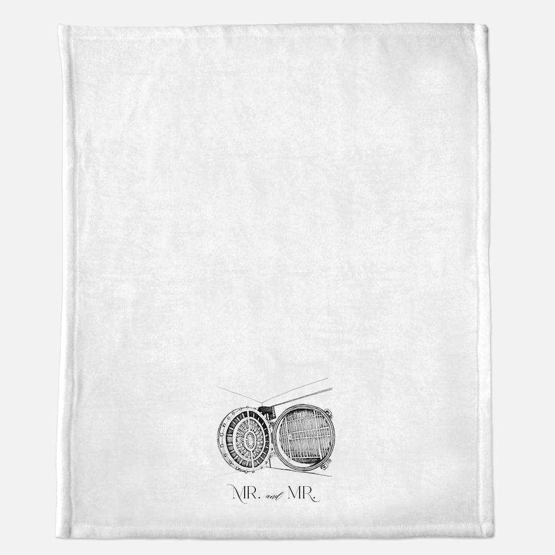 White minky blanket with Admiral Room illustration that says " Mr. and Mr." by Rust Belt Love