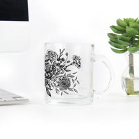 Clear glass mug with black florals by In Good Company
