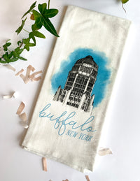 White tea towel with city hall that says "buffalo new york" by In Good Company