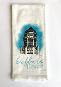 White tea towel with city hall that says "buffalo new york" by In Good Company