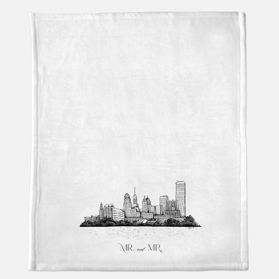 White minky blanket with Buffalo Skyline illustration that says "Mr. and Mr." by In Good Company