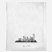 White minky blanket with Buffalo Skyline illustration that says "Mr. and Mr." by In Good Company