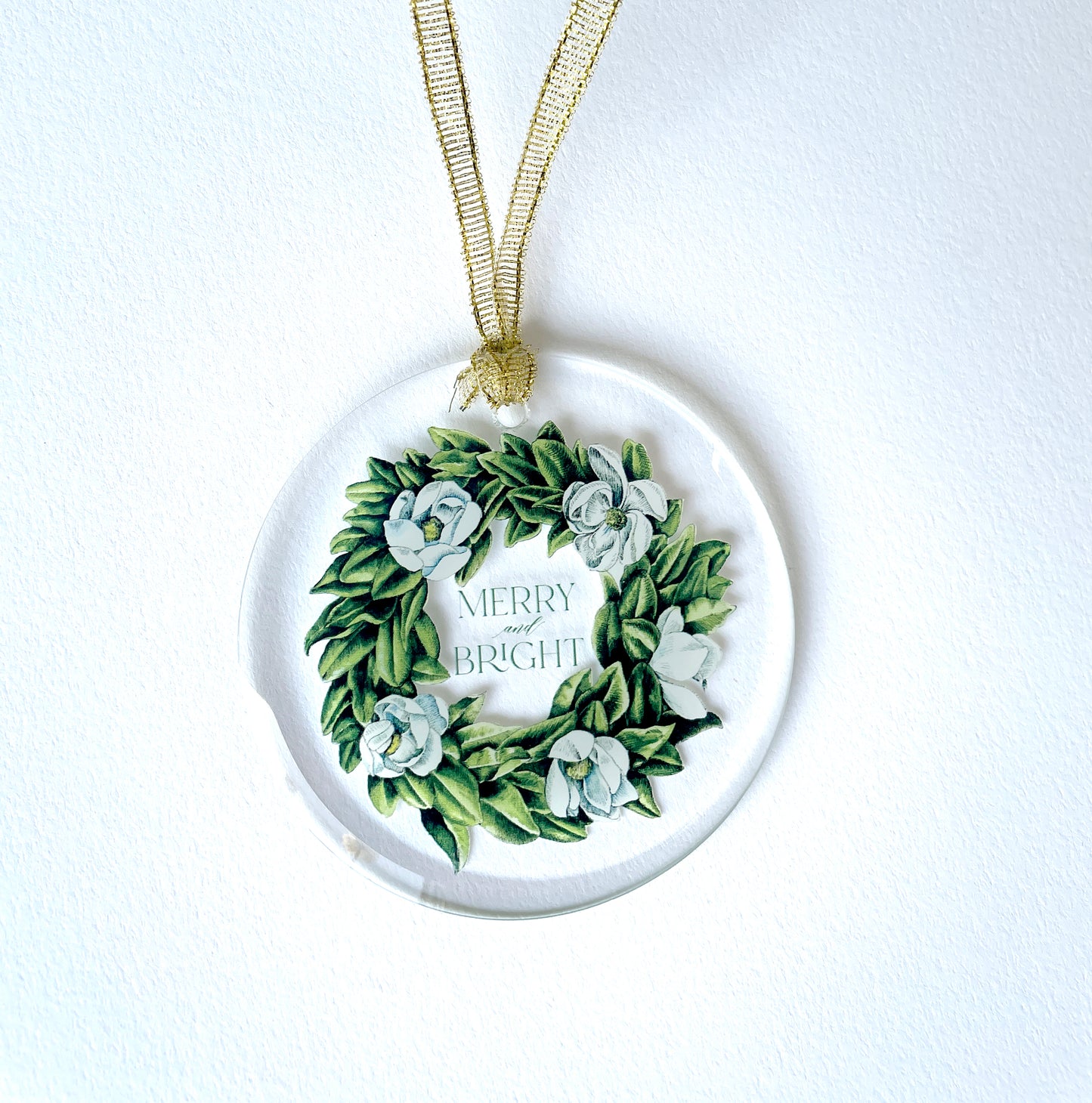  Merry and bright magnolia wreath glass ornament by rust belt love