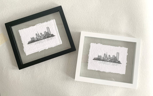 two framed buffalo skyline letterpress print on handmade paper by Rust Belt Love