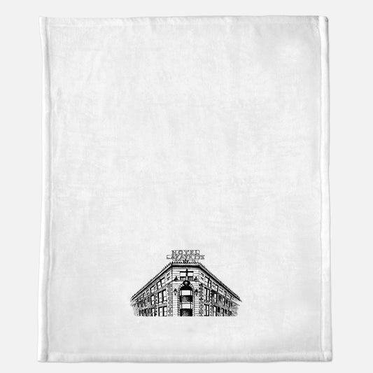 White minky blanket with Hotel Lafayette illustration  by Rust Belt Love