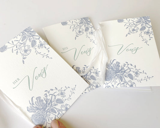 Letterpress vow books with florals that say " Her Vows" or "His Vows" by Rust Belt Love
