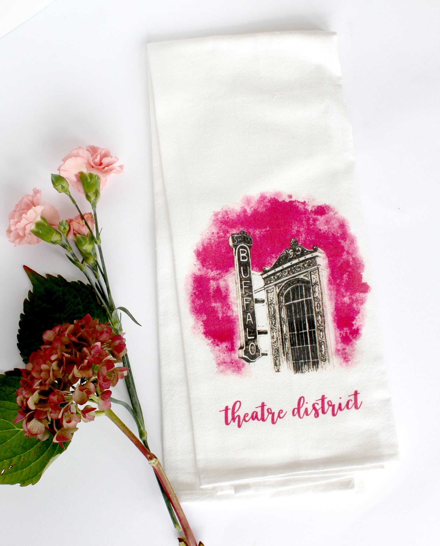 White Tea Towel with Shea's illustration that says "theatre district" by Rust Belt Love