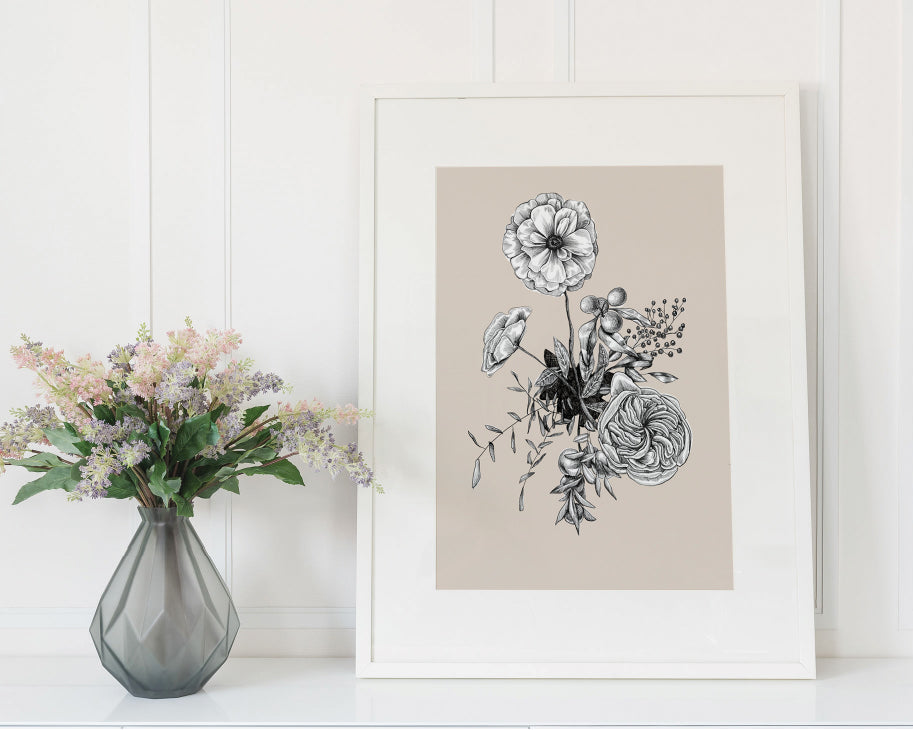 Framed digital taupe floral print by Rust Belt Love