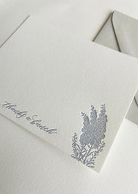 Letterpress flat note card with florals that says "thanks a bunch" by In Good Company