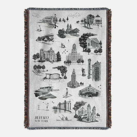 Woven buffalo landmark blanket that says "Buffalo, New York" by Rust Belt Love