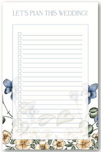 5.5 by 8.5 notepad with lined sheets with multi-colored florals that says "Let's plan this wedding!" by In Good Company